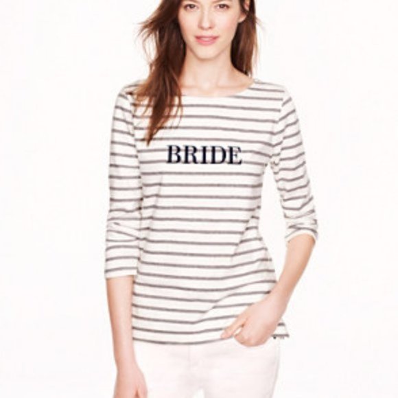 J.Crew L Bride Boatneck Top Striped Gray White Navy Cotton Wedding Bachelorette - Picture 1 of 12